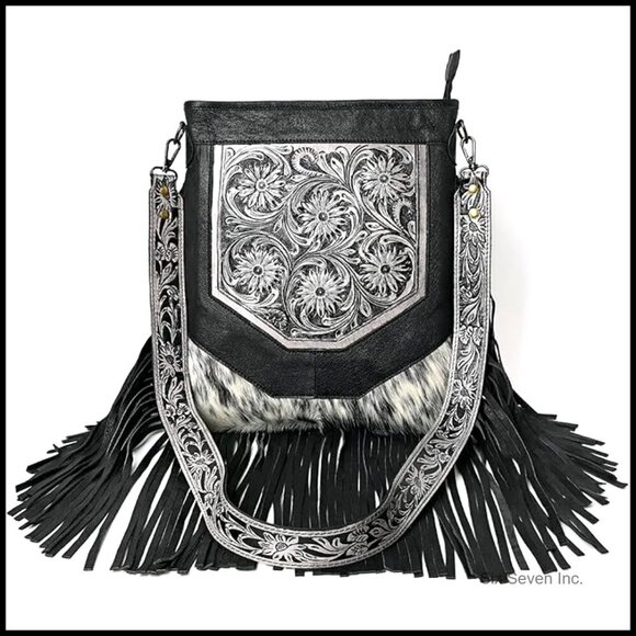 Handbags - Hand-Carved Fringed Shoulder Bag Natural Cowhide Crossbody Bag